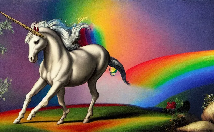 Image similar to a unicorn walking on a rainbow in the style of Caravaggio