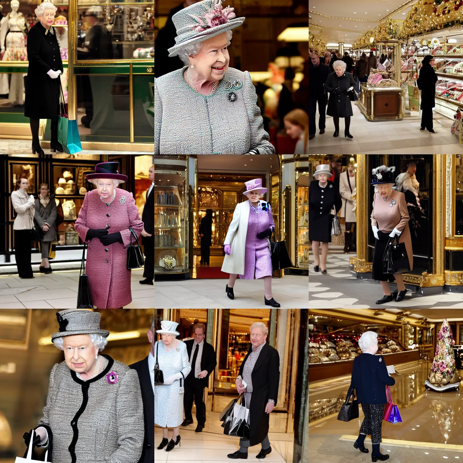 Prompt: paparazzi photo of queen of england elizabeth the second shopping in harrods department store