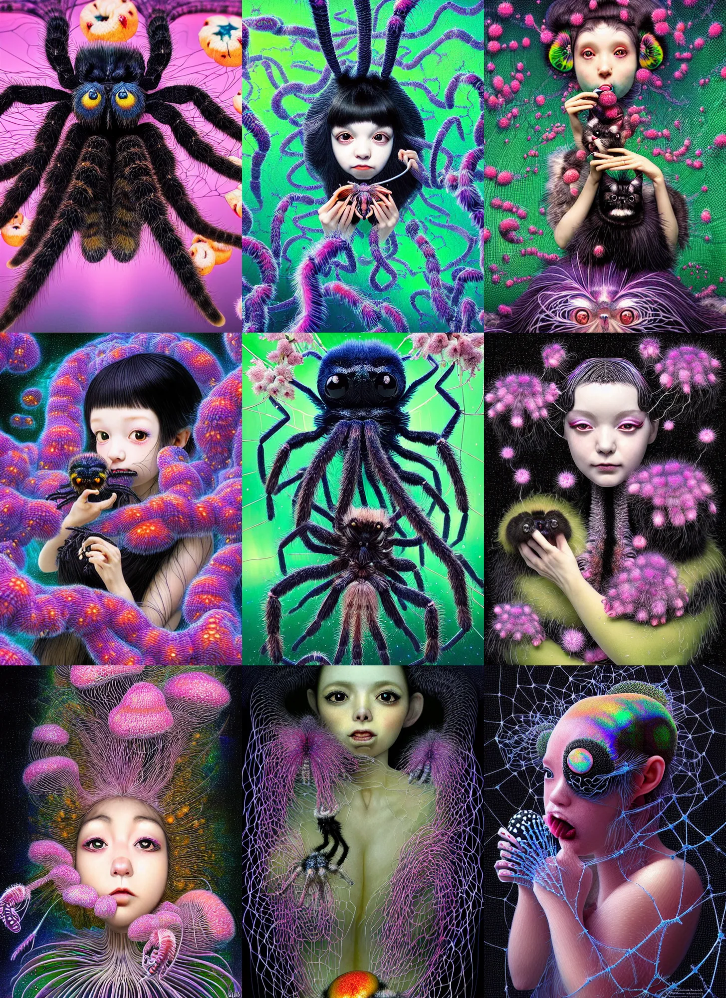 Prompt: hyper detailed 3d render like a Oil painting - kawaii portrait Aurora (a black haired tarantula headed flapper-girl from the future) seen Eating of the Strangling network of (cat 5 cable) and milky Fruit and Her delicate pedipalps hold of gossamer polyp blossoms bring iridescent fungal flowers whose spores black the foolish stars by Jacek Yerka, Ilya Kuvshinov, Glenn Barr, Mariusz Lewandowski, Houdini algorithmic generative render, Abstract brush strokes, Masterpiece, Edward Hopper and James Gilleard, Zdzislaw Beksinski, Mark Ryden, Wolfgang Lettl, hints of Yayoi Kasuma, octane render, 8k