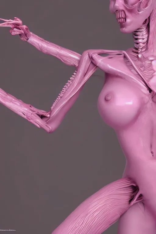 Prompt: creature's form with feminine curves and skin texture, feminine features, feminine fluid, creature with soft orchid - like bones, colour mist pink, form by augustin cardenas, 3 d rendering, 8 k