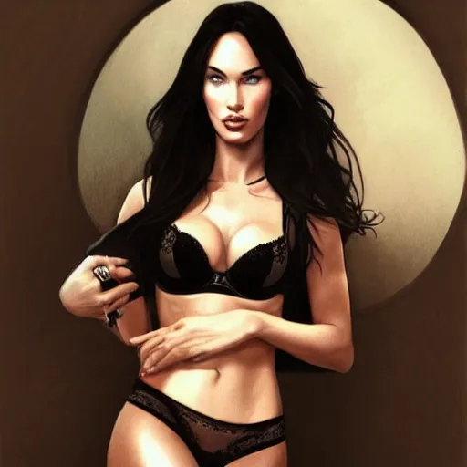 Prompt: portrait of megan fox wearing black bra, looking at camera, attractive, casual, modern, victoria's secret, highly detailed, digital painting, artstation, concept art, smooth, sharp focus, illustration, art by artgerm, greg rutkowski and alphonse mucha