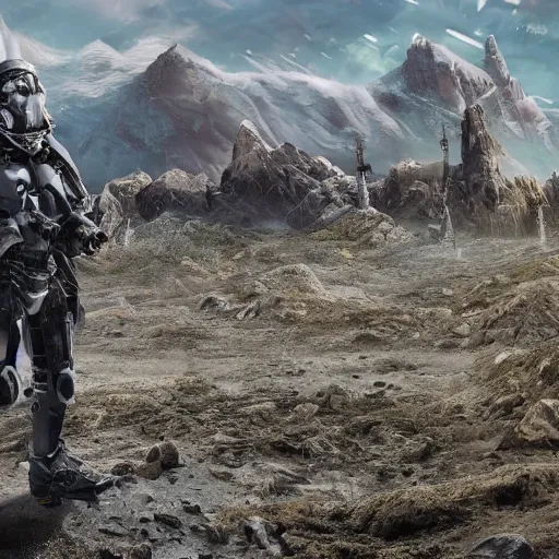 Image similar to photograph of an stern old man wearing futuristic gray heavy exosuit armor with navy blue detailing holding a white plastoid shield in his left hand and a blaster in his right hand. in the background there is a scifi battle taking place with trenches and force - field generator trucks and laser machineguns on a rolling green plains with snowcapped mountains in the distance. science fiction.