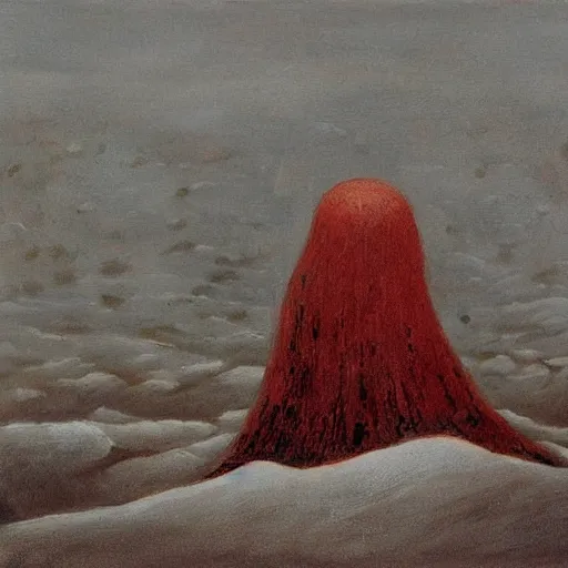 Image similar to a surrealist painting of a lonely woman with white skin and red hair standing over pile of bodies in post apocalyptic snowy landscape, painted by beksinski