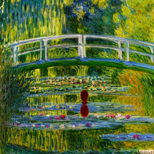 Prompt: a diver diving into a lake with lilypads by claude monet