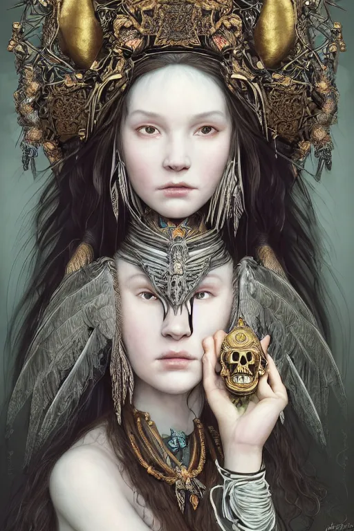 Image similar to A masterpiece ultrarealistic portrait of a Irristible angel princess tribal-shaman-knight-witch-ghost with Skull Iron mask. baroque renaissance girl in the night forest. medium shot, intricate, elegant, highly detailed. trending on artstation, digital art, by Stanley Artgerm Lau, WLOP, Rossdraws, James Jean, Andrei Riabovitchev, Marc Simonetti, Yoshitaka Amano. background by James Jean and Gustav Klimt, light by Julie Bell, 4k, porcelain skin.