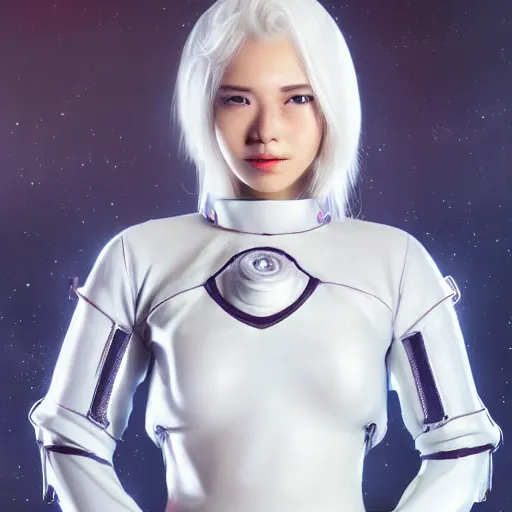 Image similar to beautiful white haired woman dressed in see through space suit in the style of zezhou chen highly detailed, smooth, sharp focus