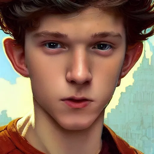 Prompt: Young tom holland, highly detailed, digital painting, artstation, concept art, smooth, sharp focus, illustration, ArtStation, art by artgerm and greg rutkowski and alphonse mucha and J. C. Leyendecker and Edmund Blair Leighton and Katsuhiro Otomo and Geof Darrow and Phil hale and Ashley wood and Ilya repin and Charlie Bowater