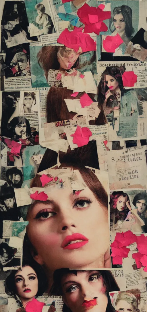 Prompt: cut and paste collage, newspaper, fashion magazine, 1 9 6 0 s, women's faces, polaroid, grainy, film, light leak, vintage makeup, flower petals, silk