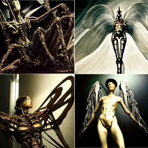 Image similar to still frame from Prometheus movie by Makoto Aida, flying biomechanical angel gynoid by giger, mimicking devil's flower mantis, metal couture by neri oxmn and Guo pei, flying angel editorial by Malczewski and by Caravaggio