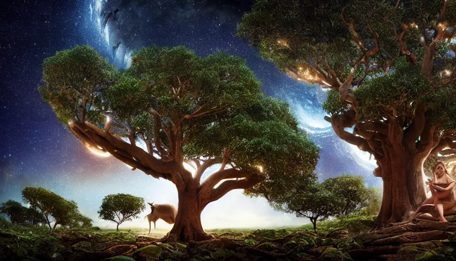 Image similar to very very small goat, sitting on a gigantic banyan tree in moonlit socotra island by ilya kuvshinov, starry night, rtx rendering, octane render 1 2 8 k, maya, extreme high intricate details by tom bagshaw, medium shot, close up shot, composition by sana takeda, lighting by greg rutkowski, midsommar