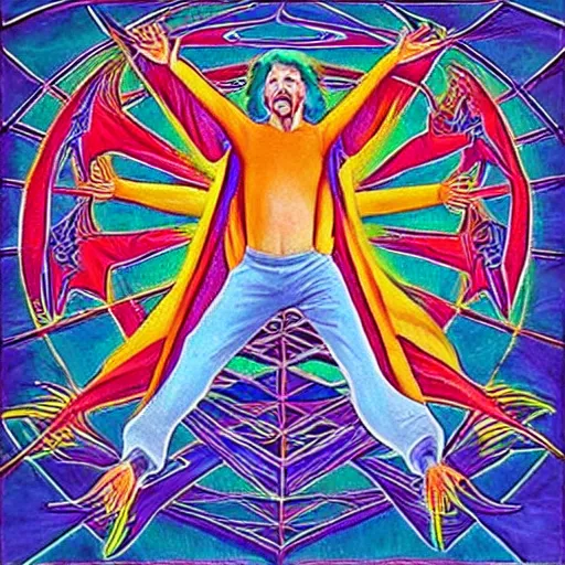 Prompt: “ Doug Henning flying on a magic carpet in the style of Alex Grey”