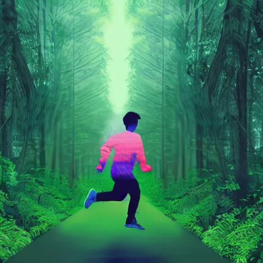 Prompt: Vapor Wave style artwork of a boy running through a forest filled with mystical creatures