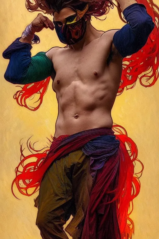 Image similar to A man wearing colorful mask, hair like fire, muscular, painting by greg rutkowski and alphonse mucha