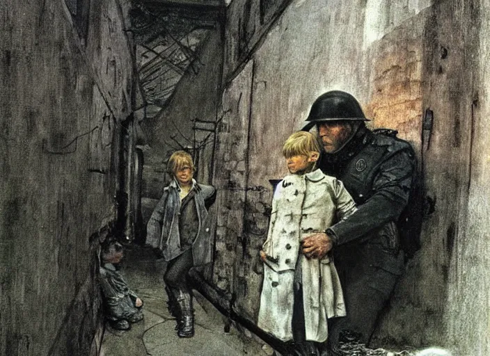 Prompt: dark alley with a poor child being arrested by a futuristic cop with children all around him, painting by andrew wyeth and alan lee, very detailed, somber mood,