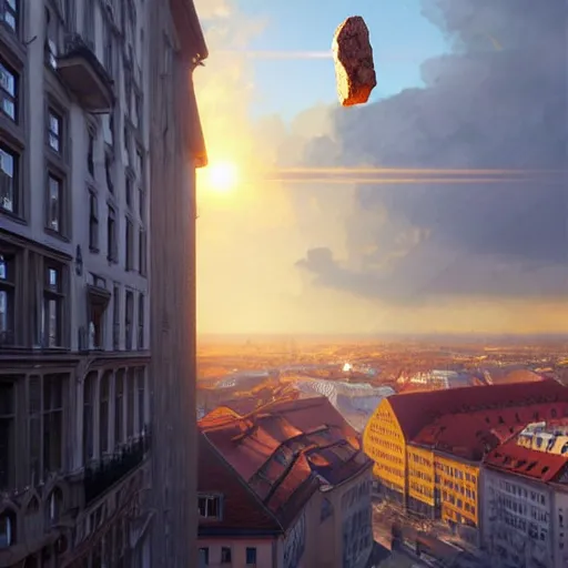 Prompt: , city of munich!!!, huge bright meteor falling from the skies!!!, people in panic!!, hyperrealistic, highly detailed, cinematic, golden sunlight, beautiful, cgssociety, artstation, 8 k, oil painting by greg rutkowski, by artgerm, by wlop