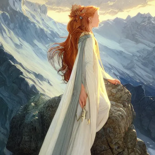 Image similar to Varda on Mount Taniquetil in Valinor, portrait, highly detailed, digital painting, artstation, concept art, sharp focus, illustration, art by artgerm and greg rutkowski and alphonse mucha