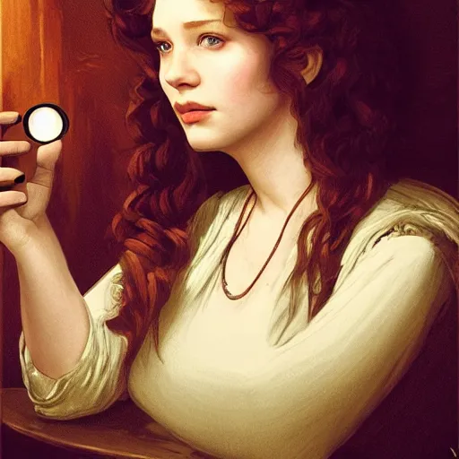 Image similar to sad young christina hendricks in a tavern, holding a small roung mirror, surprised expression on her face, she is surprised, warhammer, lord of the rings, intricate, highly detailed, digital painting, artstation, concept art, smooth, sharp focus, illustration, unreal engine 5, 8 k, art by artgerm and greg rutkowski and alphonse mucha