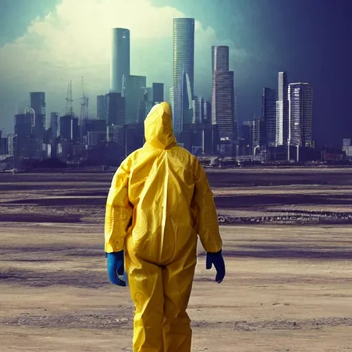 Image similar to a beautiful award-winning photo of the last man on Earth wearing a robotic hazmat suit, serene idyllic post-nuclear background, a mirage of the skyline of destroyed Buenos Aires, volumetric lighting, very high quality, extremely detailed, subtle visual noise, 8K