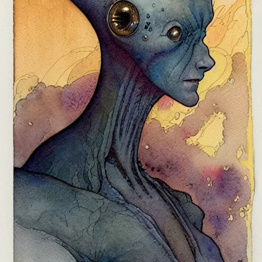 Image similar to a simple and atmospheric watercolour portrait of a pulp sci - fi alien hivr queen, very muted colors, by rebecca guay, michael kaluta, charles vess and jean moebius giraud