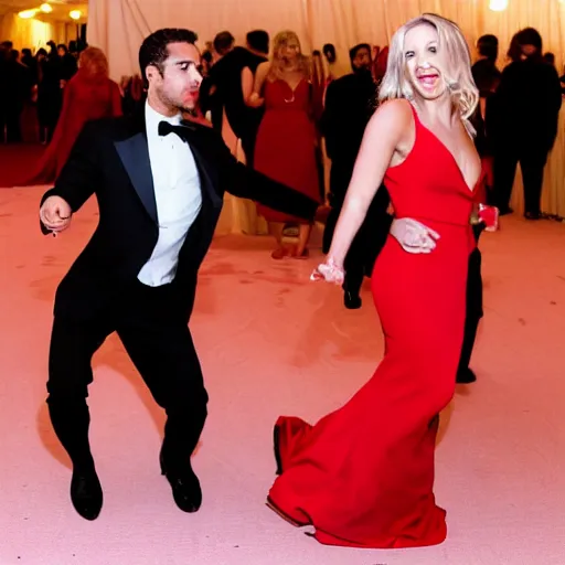 Prompt: a very handsome man in a suit dancing with a blonde woman in a red dress a the Met Gala