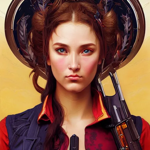 Image similar to a portrait painting of a gunslinger fantasy lady, highly detailed, art by tristan eaton and artgerm and william - adolphe bouguereau