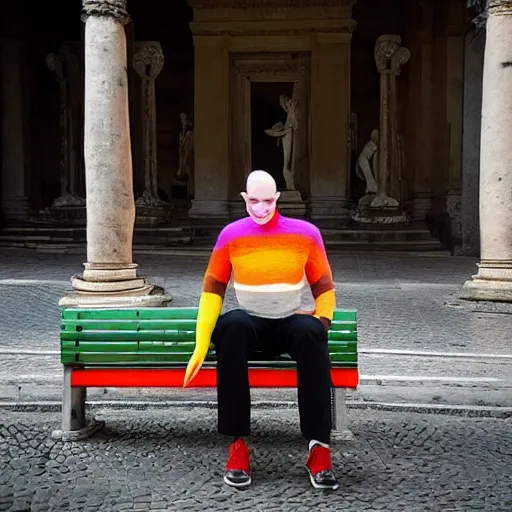 Prompt: bald man, with multicoloured head, sitting on a bench, in rome, dreamy, hyperrealistic