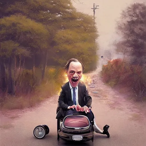 Prompt: hyper realistic absurd, silly, making insane faces, steve buscemi / john waters riding a tiny tricycle, painted by greg rutkowski, wlop, artgerm