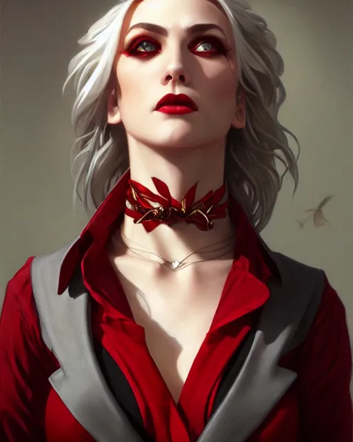 Prompt: female vampire, perfect face, gold waistcoat, red shirt, grey hair, red necktie, cinematic, stunning, highly detailed, digital painting, artstation, smooth, hard focus, full body shot, illustration, art by artgerm and greg rutkowski and alphonse mucha