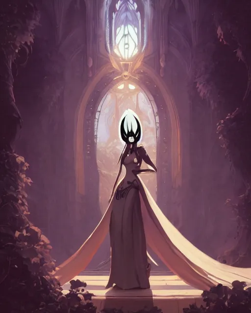 Image similar to portrait of hollow knight as an elegant renaissance goddess, stephen bliss, unreal engine, by greg rutkowski, loish, rhads, makoto shinkai and lois van baarle, ilya kuvshinov, rossdraws, global illumination, radiant light, detailed and intricate environment