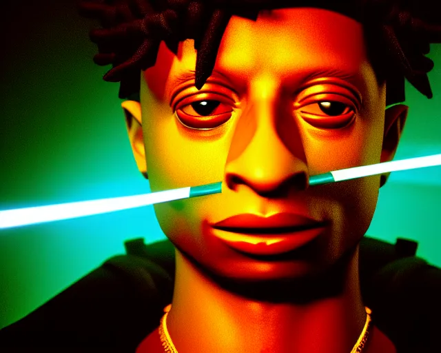 Prompt: 3 5 mm closeup portrait of 2 1 savage in the ocarina of time, pipes, wires, dramatic lighting, octane, blue lights, lens flare, industrial, dirty, trending on artstation, golden ratio, h. r. giger, mist, action, volumetric lighting