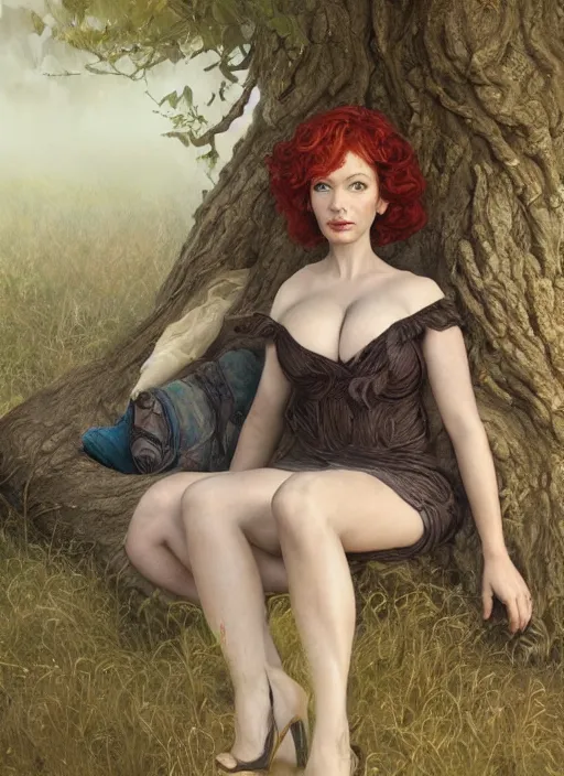 Image similar to tired Christina Hendricks taking a rest under a tree after an long adventure a ruggedly muscled handsome heroine, intricate, elegant, highly detailed, centered, digital painting, artstation, concept art, smooth, sharp focus, illustration, artgerm, donato giancola, Joseph Christian Leyendecker, WLOP, Artgerm, thunder storm