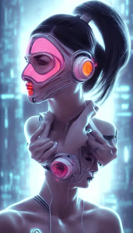 Image similar to face mask on beautiful woman face, cyberpunk art by kuno veeber, cgsociety, computer art, ultra detailed, futuristic, anime aesthetic