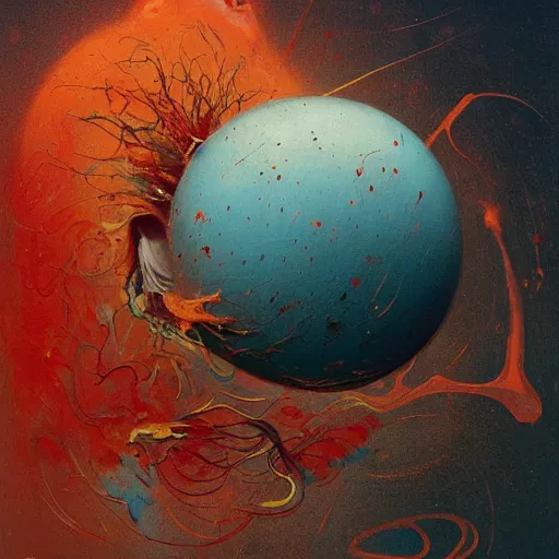 Image similar to a sphere being devoured by abstract splatters of paint in the style of francis bacon, venus being engulfed in flames in the style of james jean, surreal, beksinski, high detailed