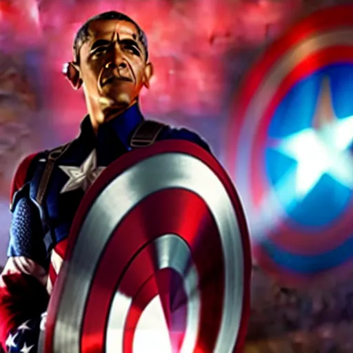 Image similar to barack obama as captain america in the avengers. movie still. cinematic lighting.