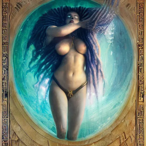 Image similar to birth of mami wata, sumerian goddess inanna ishtar, ashteroth, techno mystic goddess princess intergalactica, with aqua neon rapunzel dreadlocks, mami wata, detailed, by gaston bussiere, bayard wu, greg rutkowski, giger, maxim verehin, greg rutkowski, masterpiece, sharp focus,