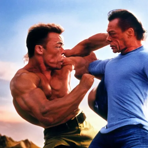 Prompt: jean - claude van damme kicking steven seagall in the face, still from an action movie, 4 k