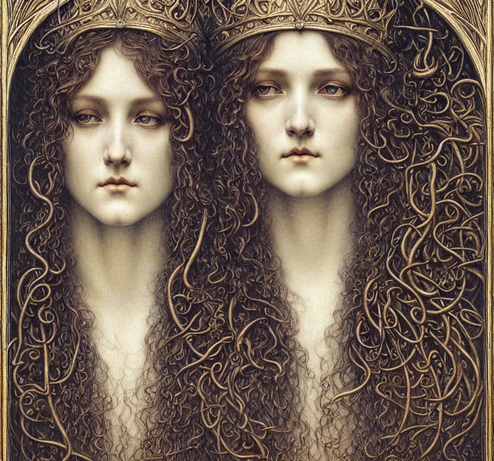 Image similar to detailed realistic beautiful young medieval queen face portrait by jean delville, gustave dore and marco mazzoni, art nouveau, symbolist, visionary, gothic, pre - raphaelite. horizontal symmetry