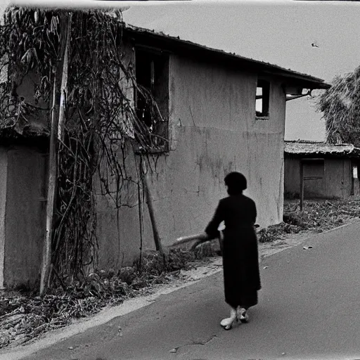 Image similar to portrait of scarry old granny filmed om security camera, village 1976, bw, high detailed, horror