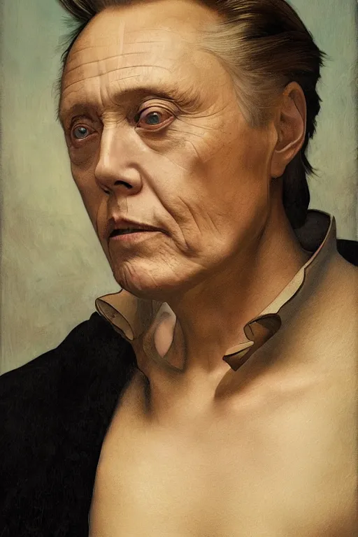 Prompt: portrait of christopher walken with a face tattoo, masterpiece painting by artgerm and greg rutkowski and alphonse mucha and caravaggio and vermeer