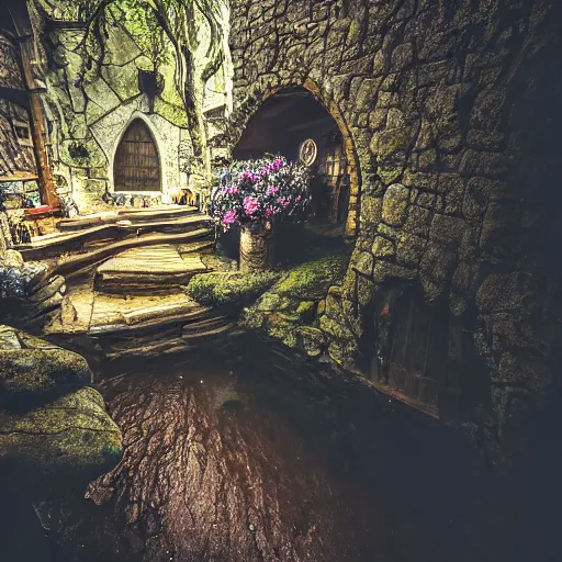 Prompt: inside a medieval hobbit home, ornate, beautiful, atmosphere, vibe, mist, smoke, chimney, rain, wet, pristine, puddles, waterfall, melting, snow, creek, lush, ice, bridge, forest, flowers, akihiko yoshida