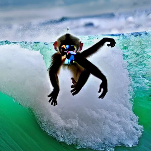 Image similar to baby monkey surfing big waves