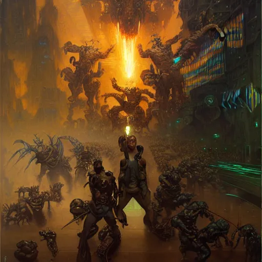 Image similar to portrait of a mark zuckerberg fighting goblins. shadowrun furaffiniy cyberpunk fantasy highly detailed painting by gaston bussiere craig mullins jc leyendecker gustav klimt artgerm greg rutkowski john berkey, bergey, craig mullins, ruan jia, raymond swanland, jeremy mann, tom lovell, alex malveda