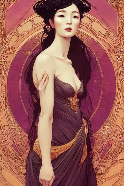 Image similar to full length portrait of a beautiful mysterious chinese fairy, no hands, by eve ventrue, michael carson, andreas rochas, john watkiss, casey weldon, artgerm. art nouveau. tarot card by mucha. gloomhaven. swirly intricate linework background. gaudy colors, sharp edges. octane render