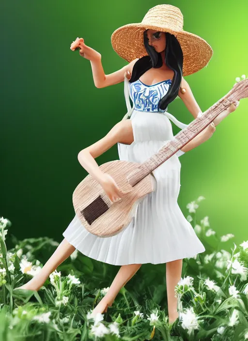 Image similar to Fine Image on the store website, eBay, Full body, 80mm resin figure of a cute girl in straw hat and white dress playing guitar, environmental light from the front