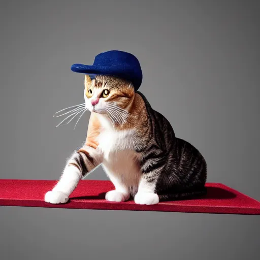 Image similar to cat sat on a mat wearing a hat and holding a bat, digital art, smooth, sharp focus