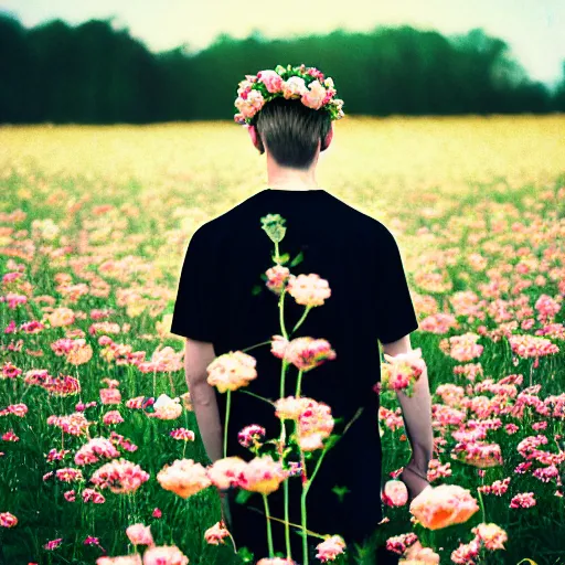 Image similar to kodak portra 4 0 0 photograph of a skinny blonde goth guy standing far back in a field of flowers, back view, flower crown, moody lighting, telephoto, 9 0 s vibe, blurry background, vaporwave colors, faded!,