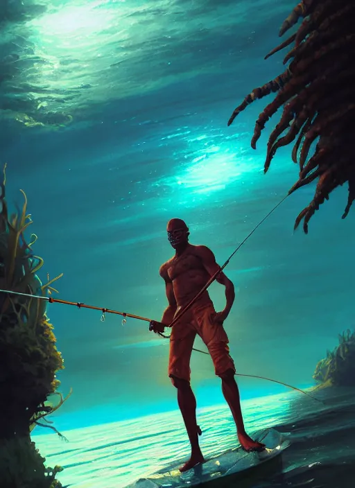 Prompt: portrait of a male jamaican fisherman sci - fi glowing fishing armor fishing rod cyberpunk muscular intricate elegant highly detailed digital painting artstation concept art, ocean background, reggae colors, cinematic, greg rutkowski, loish, rhads, ferdinand knab, makoto shinkai and lois van baarle, ilya kuvshinov, rossdraws, tom bagshaw