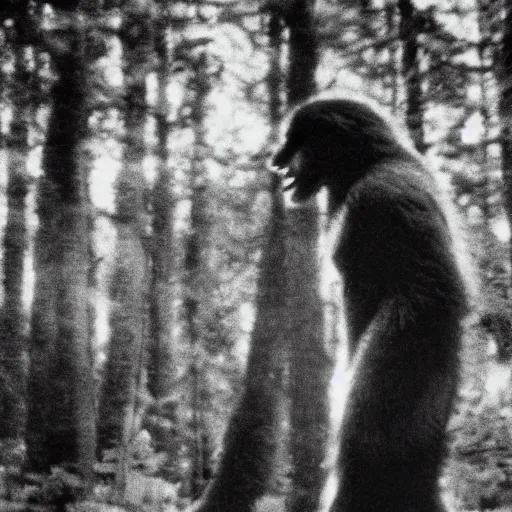 Prompt: 80s polaroid photo of bigfoot in the woods, profile view, very grainy, damaged film, candid flash photography