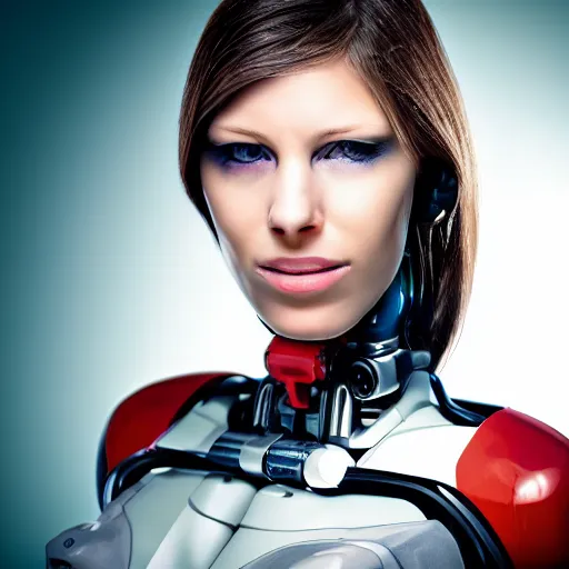 Prompt: portrait photo of (a) (beautiful) female cyborg