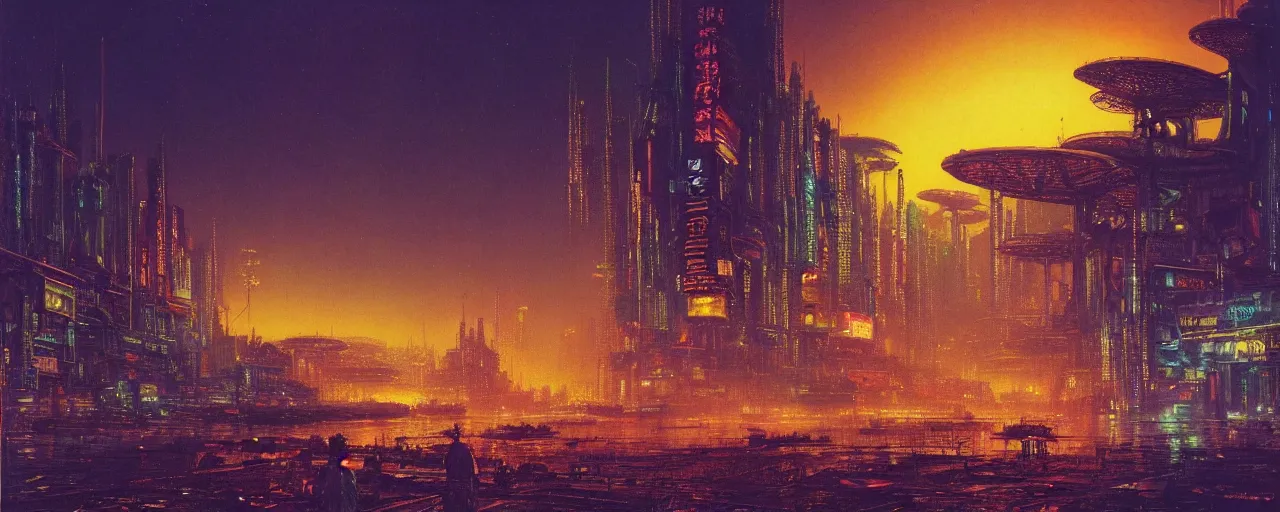 Image similar to awe inspiring bruce pennington cyberpunk landscape, digital art painting of 1 9 6 0 s, japan at night, 4 k, matte